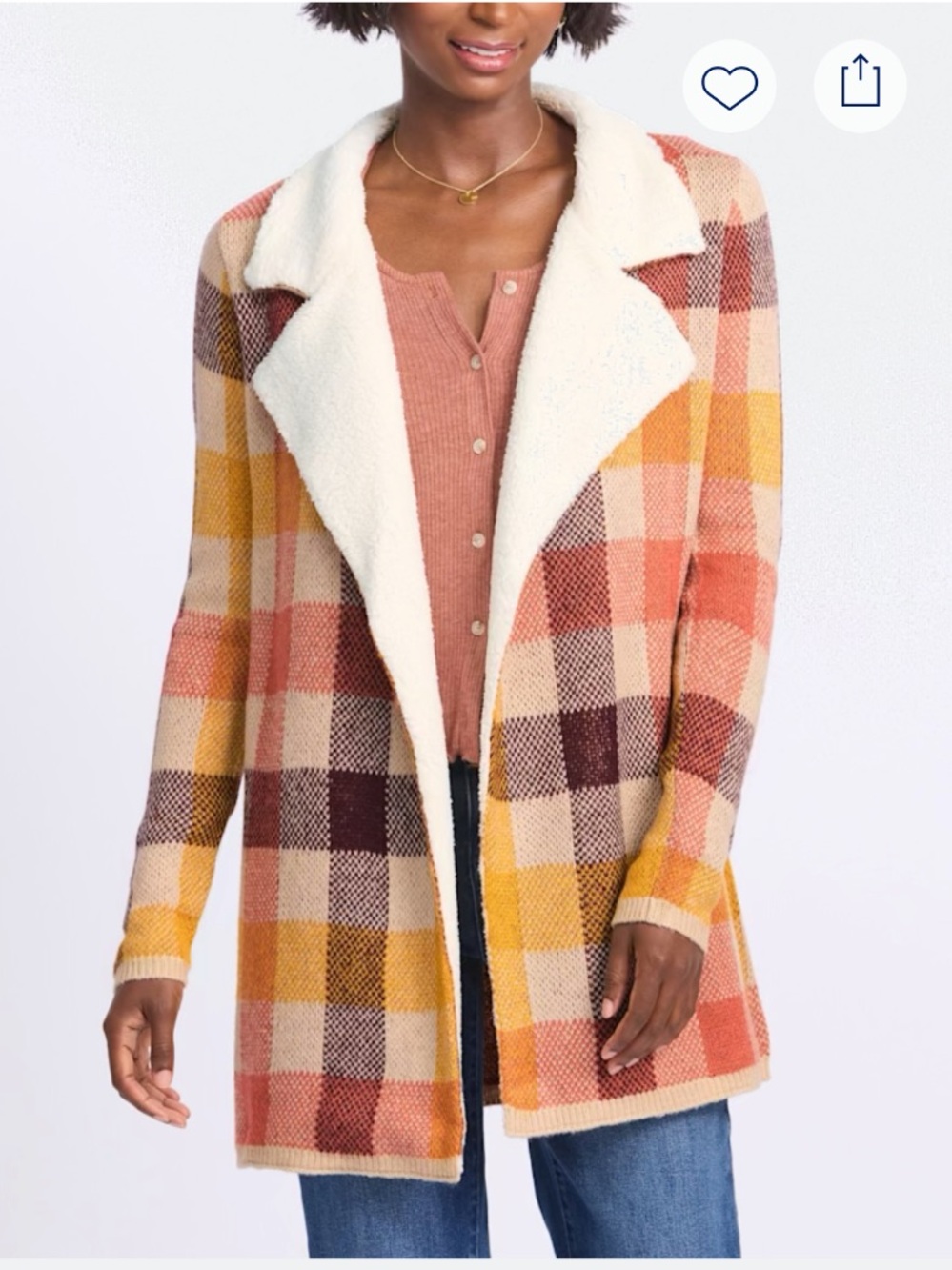 Plaid Sherpa-Lined Open Cardigan Jacket in Multi-Tone Taupe & Cream 🦁